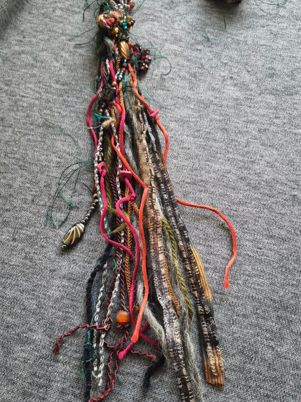 Handmade Boho Hair Wrap featuring Vibrant Yarn, Textured Fibers, Beads, Ribbons - Picture 2 of 9